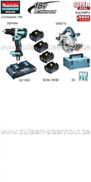 Makita  Combopack 18V DLX2194PTJ boor-schroefmachine DDF484 + cirkelzaag DHS710