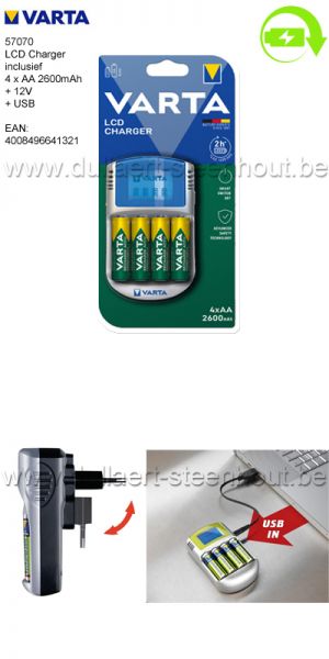 Varta LCD batterijlader met 4 x AA 2600mAh batterijen inbegrepen + 12V + USB